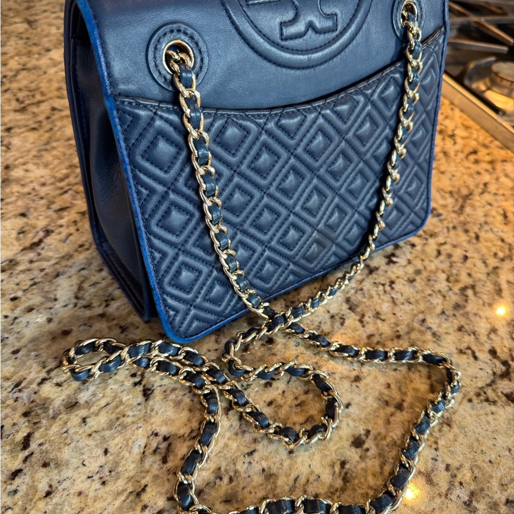 Tory Burch blue leather medium Fleming shoulder bag